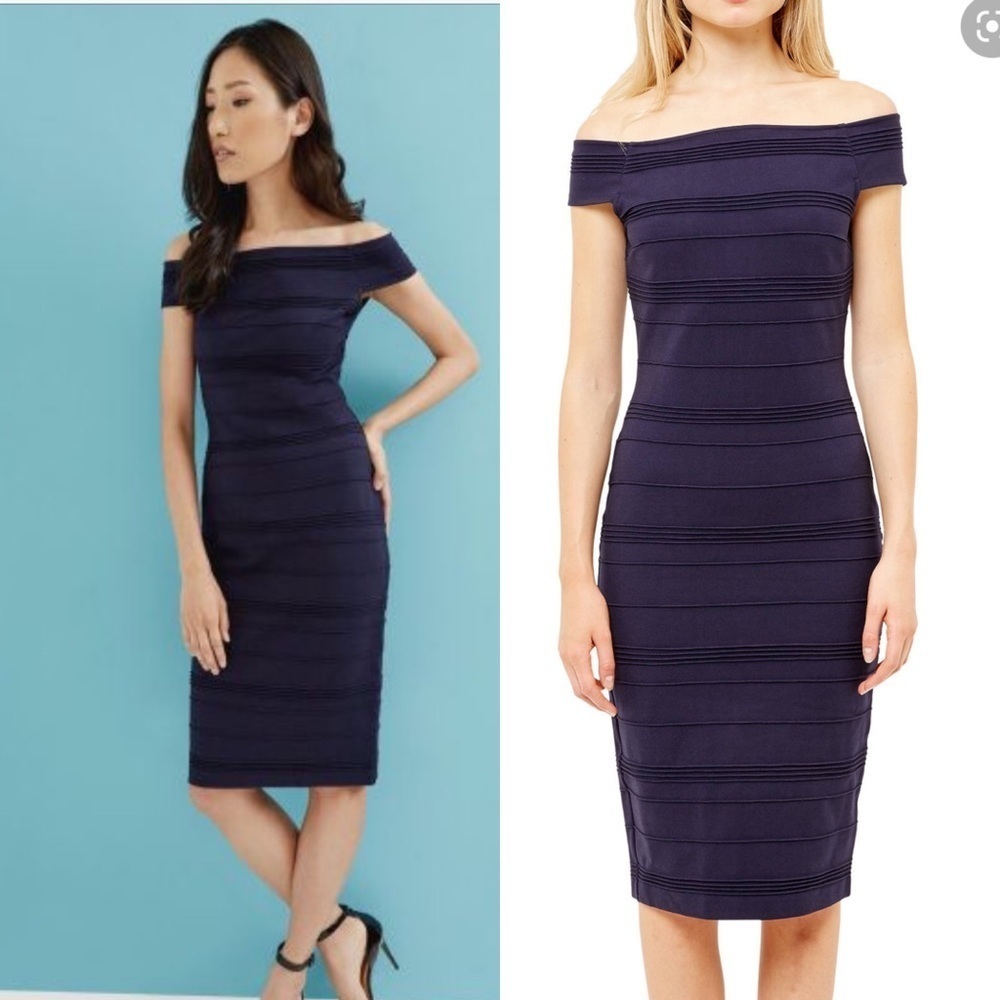 Ted Baker London Textured Off Shoulder Detailed Navy Dress Sz 6
